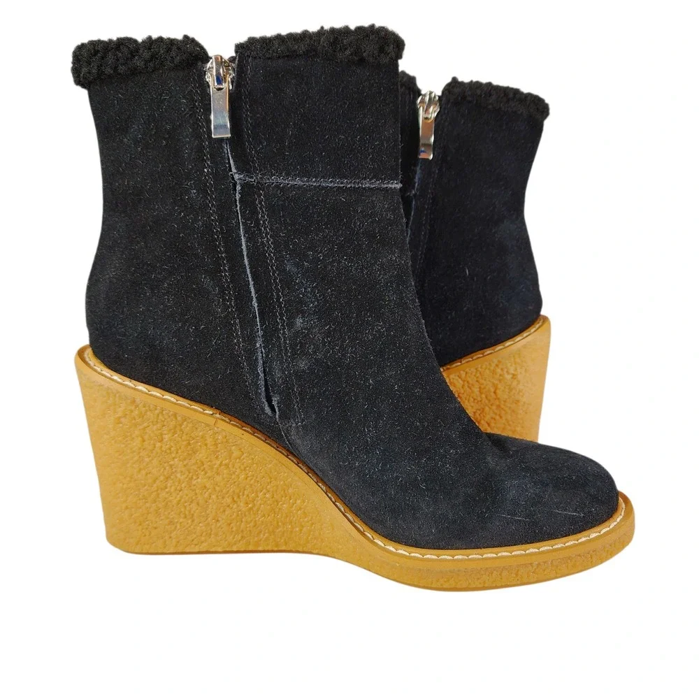 Franco Sarto Wedge Ankle Boots sz 7.5M Women Black Suede Leather Ulayna Sherpa‎